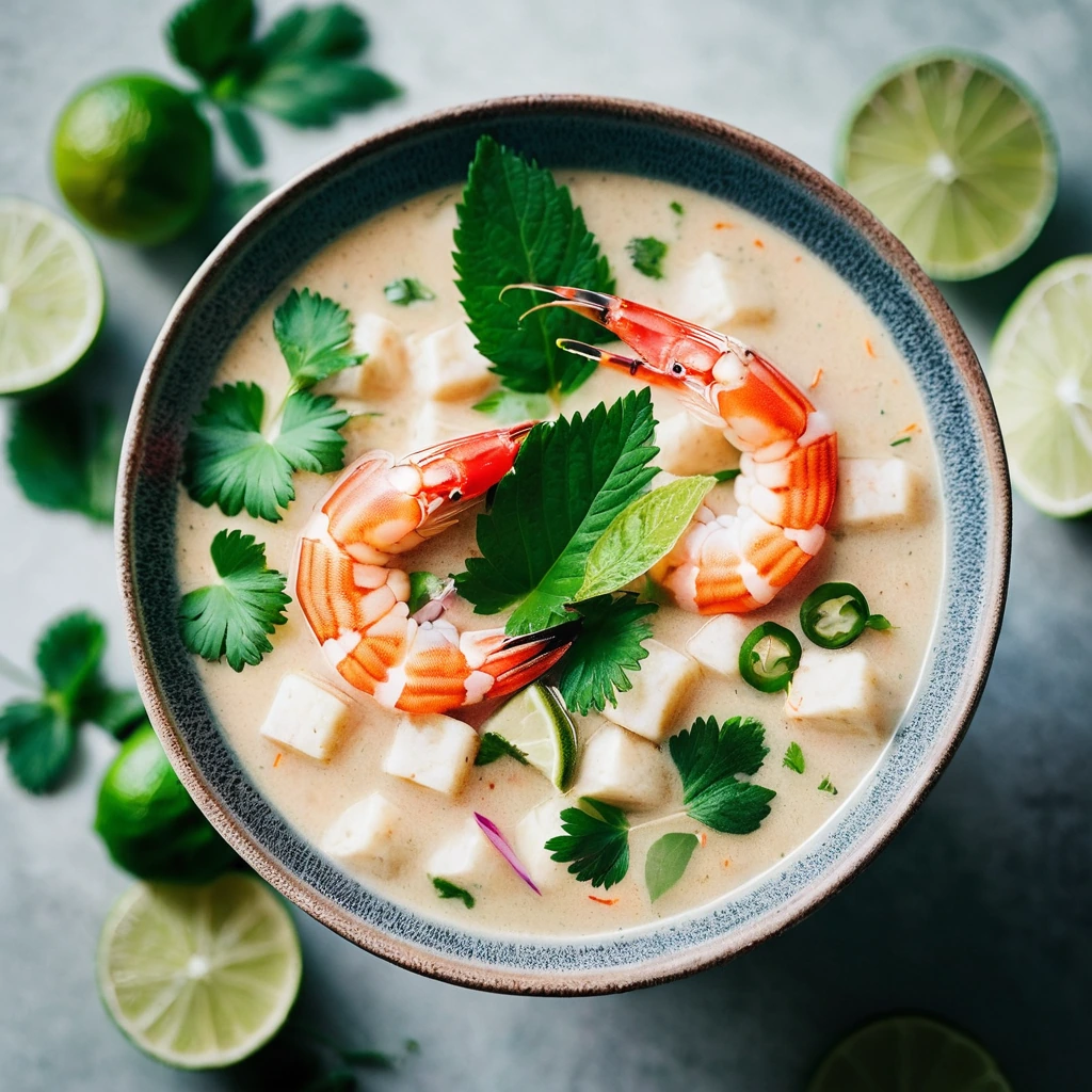 Golden coconut shrimp soup in a bowl garnished with fresh cilantro and lime wedges