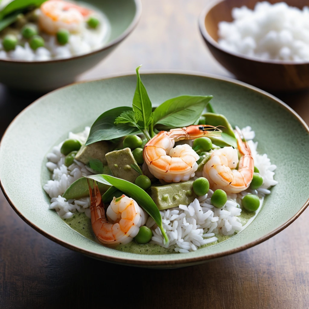 Bowl of vibrant green curry with shrimp and snow peas, garnished with fresh cilantro