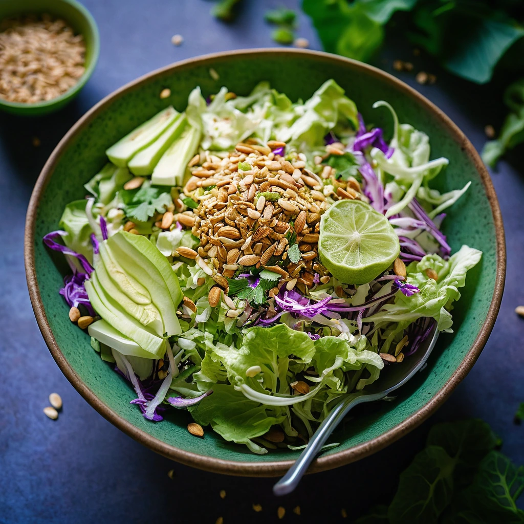 Colorful shredded purple and green cabbage topped with crushed peanuts in a vibrant green bowl.