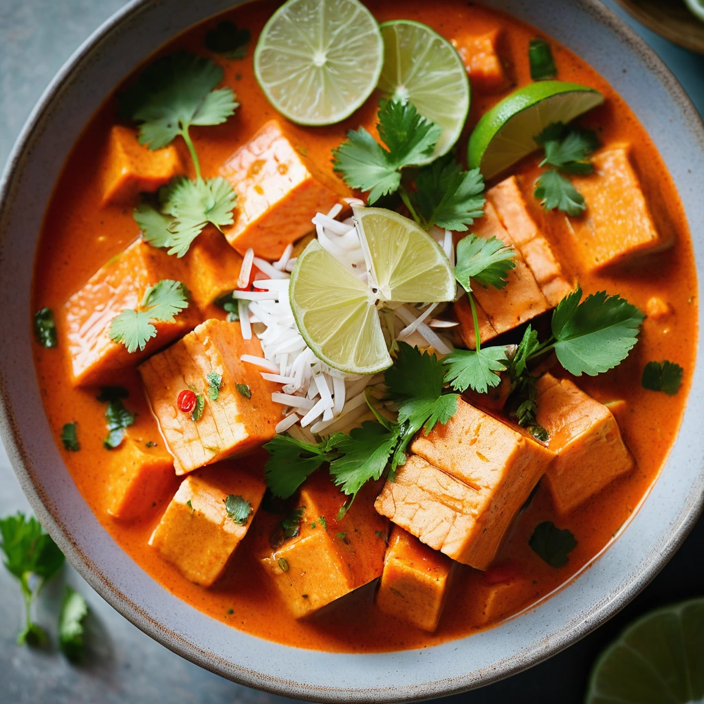 A steaming bowl of vibrant orange curry with chunks of white fish and fresh cilantro sprinkled on top