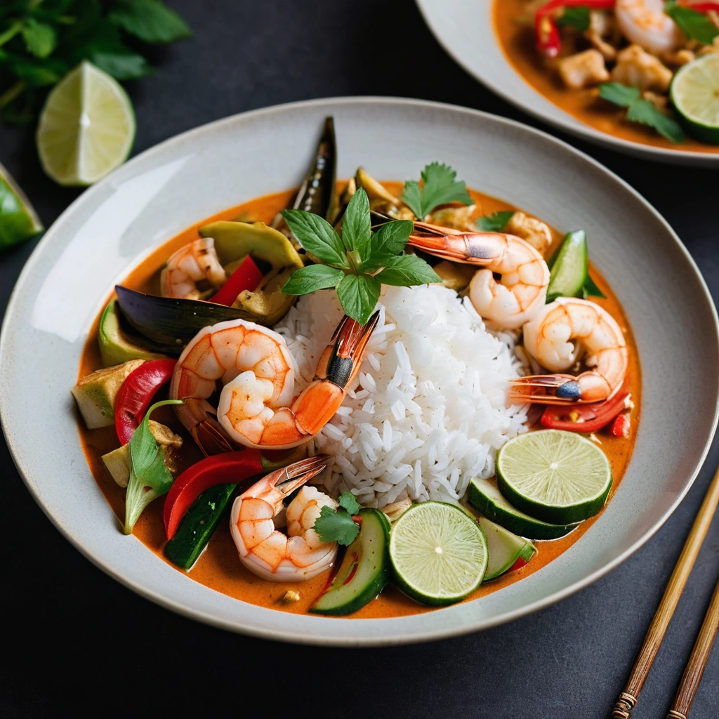 Steamed jasmine rice topped with a vibrant red curry filled with shrimp, bell peppers, and zucchini.