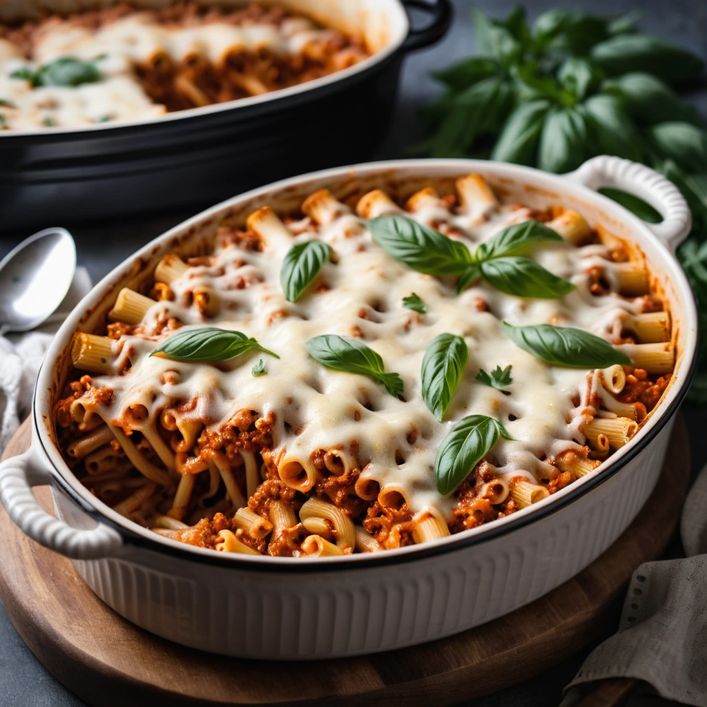 Baked ziti in a golden brown casserole dish, topped with melted cheese and parsley.