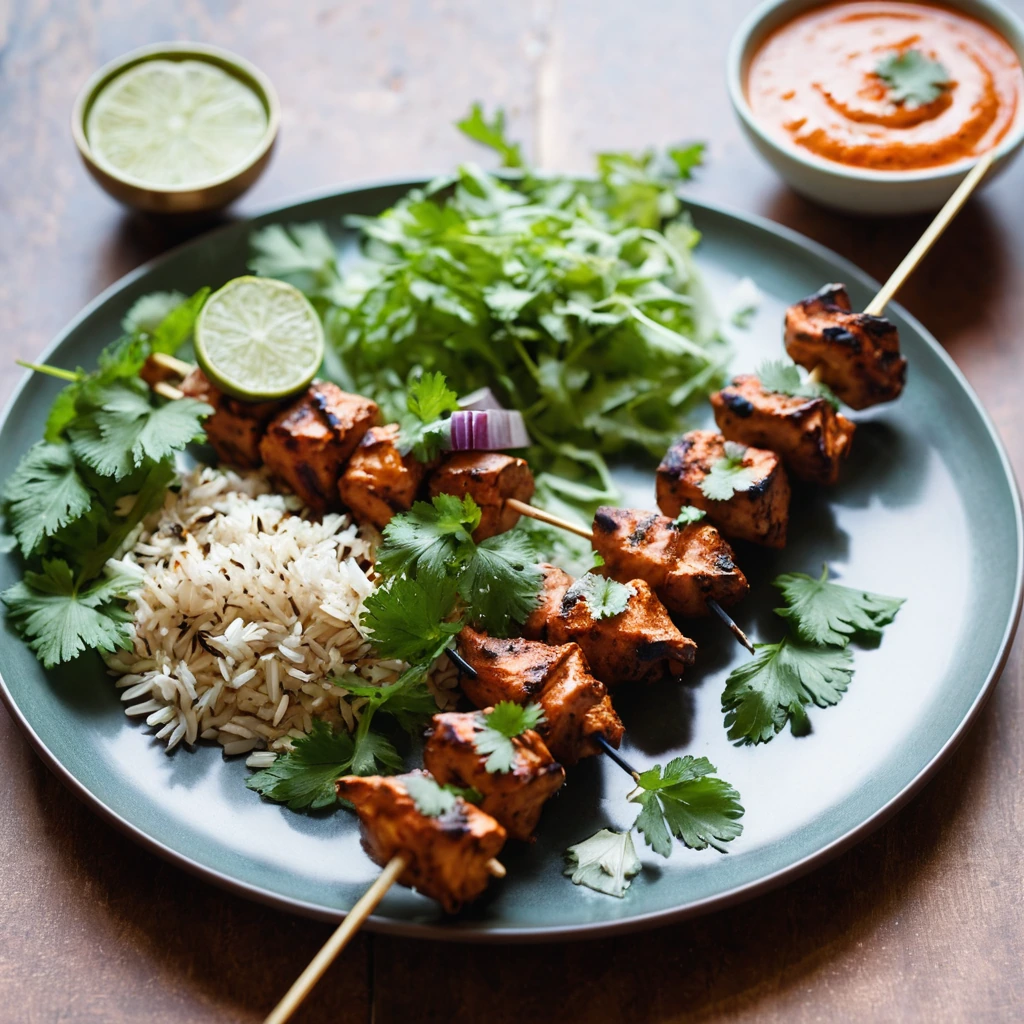 Grilled chicken skewers on a plate with vibrant red tikka masala sauce, garnished with fresh cilantro.