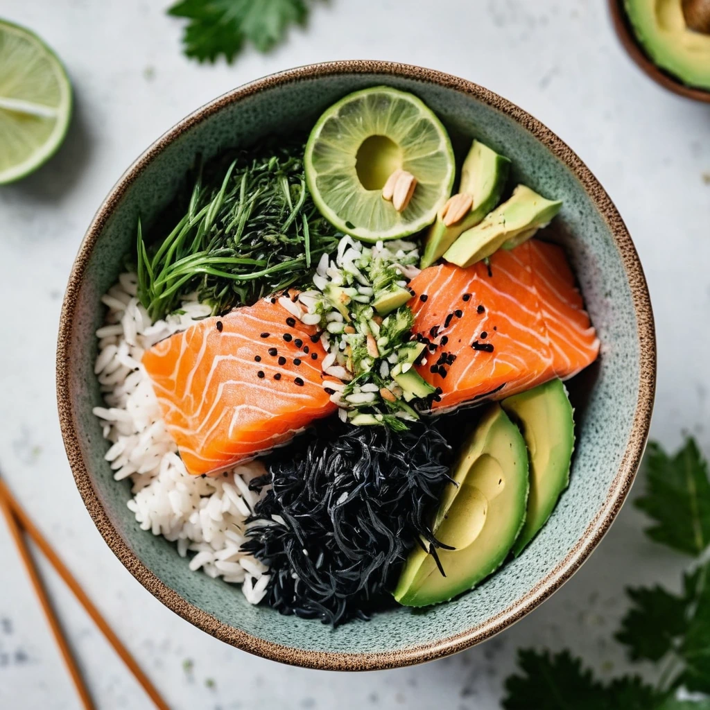 A bowl with a bed of fluffy rice topped with a glossy piece of salmon, scattered seaweed, slices of avocado, and a drizzle of sesame dressing.