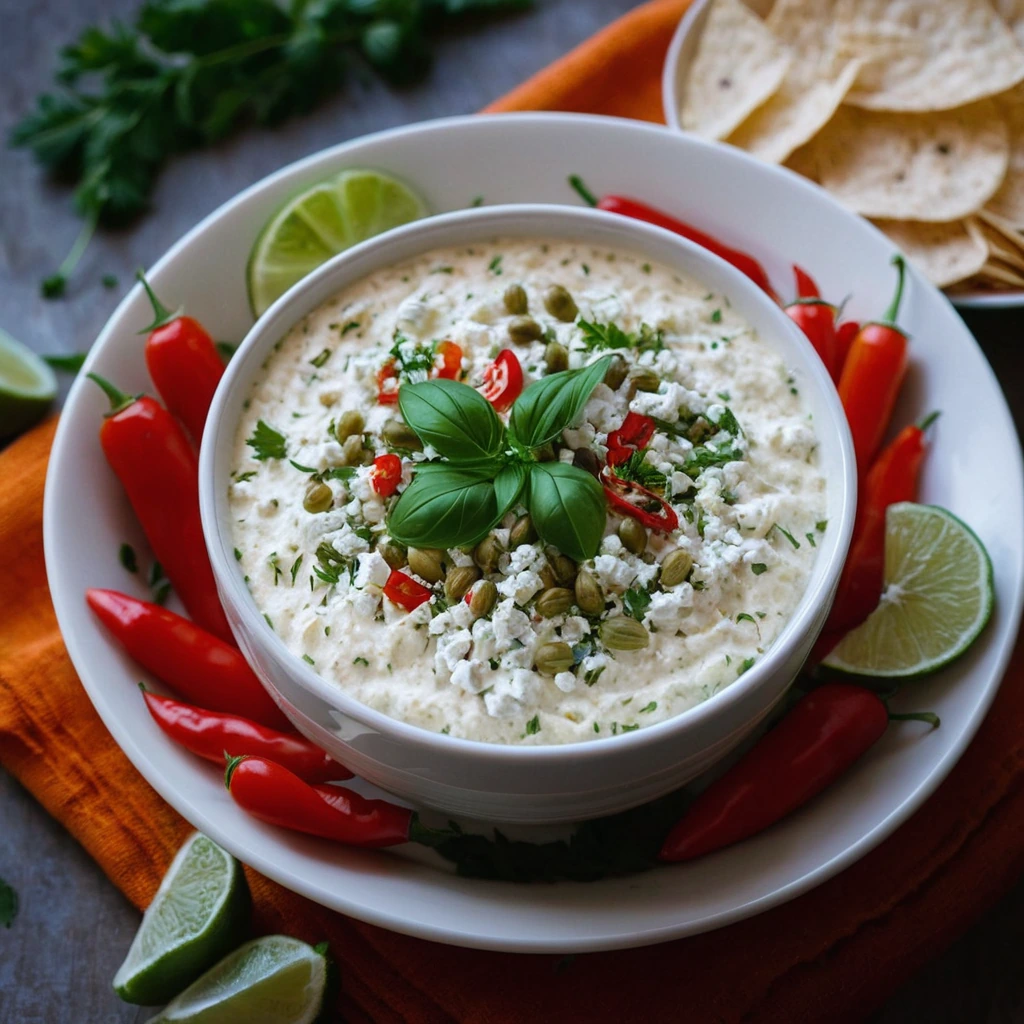 Golden dip in a white bowl with vibrant red flecks and a drizzle of olive oil on top.