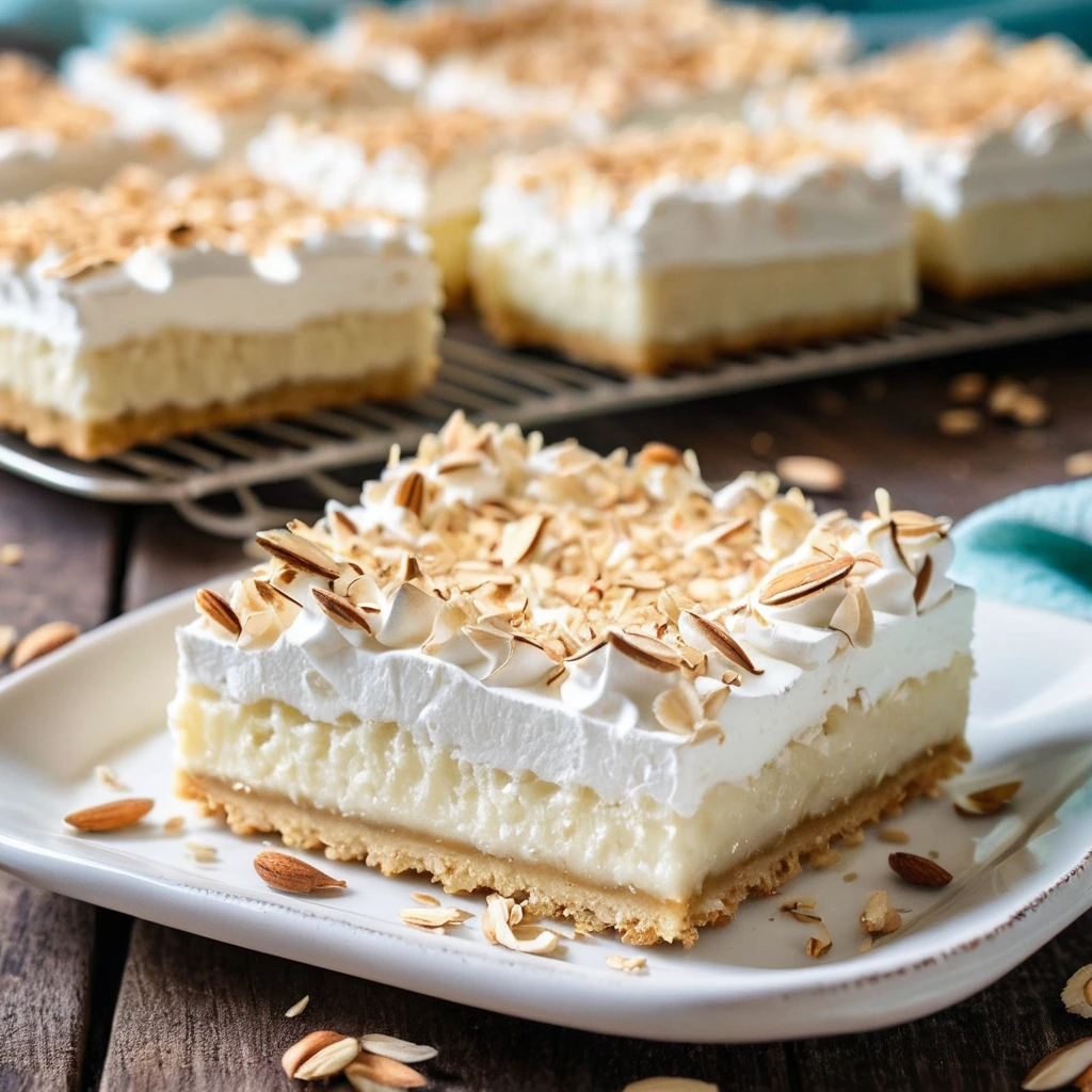 Golden squares with a toasted coconut topping on a rustic wooden board.