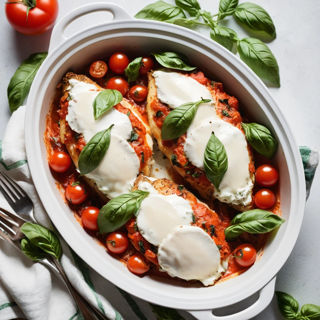 Golden chicken breasts topped with red tomato sauce, fresh basil leaves, and melted mozzarella in a baking dish.