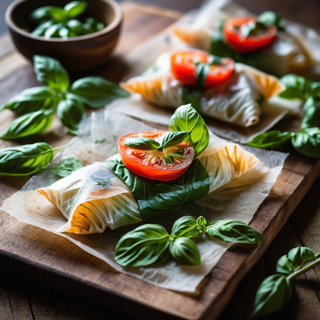 Four parchment-wrapped fish parcels on a rustic wooden board with vibrant green basil leaves peeking out.