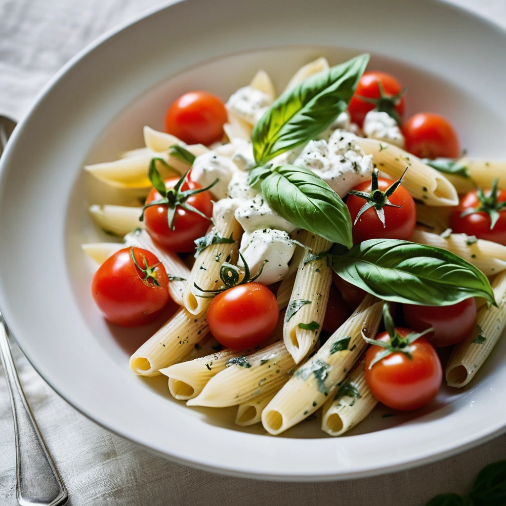 Penne pasta in a bowl with red tomatoes, fresh basil leaves, and creamy burrata drizzled with olive oil.