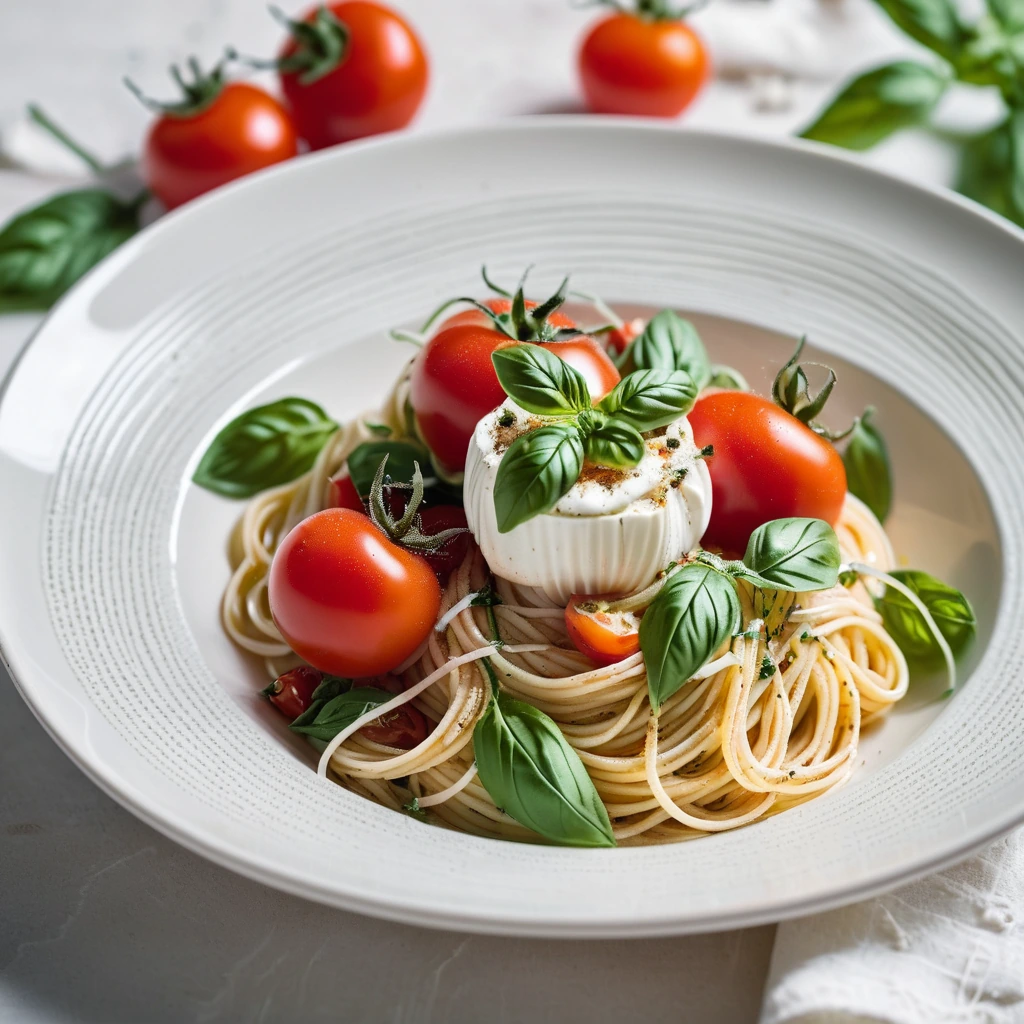 Golden spaghetti twirled with red cherry tomatoes, fresh green basil leaves, and creamy burrata on a white plate.