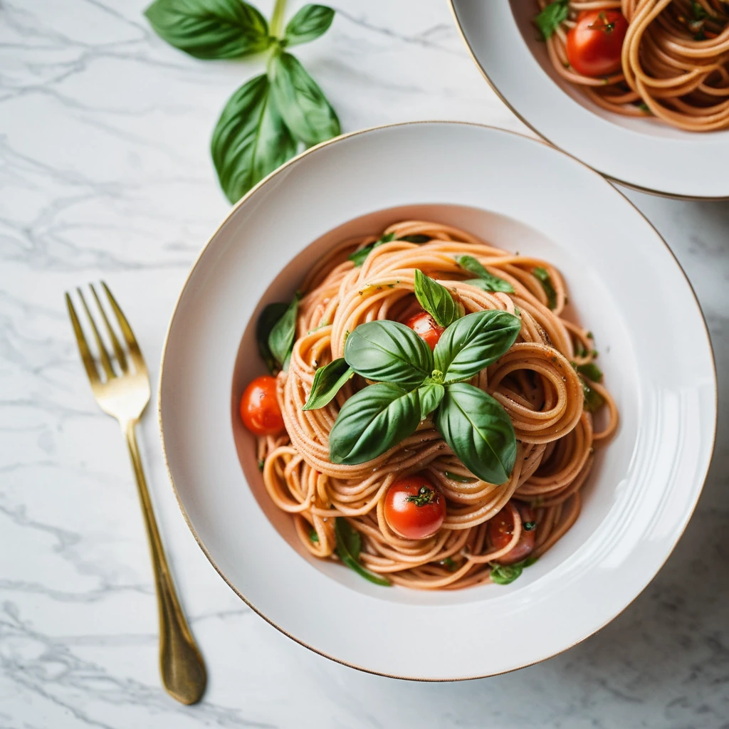 Golden spaghetti in a red sauce with open clams and green basil leaves in a white bowl.