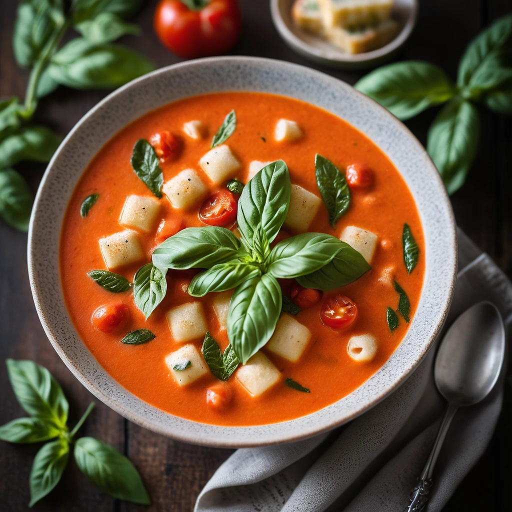 golden gnocchi in a red tomato soup topped with fresh green basil leaves in a rustic bowl