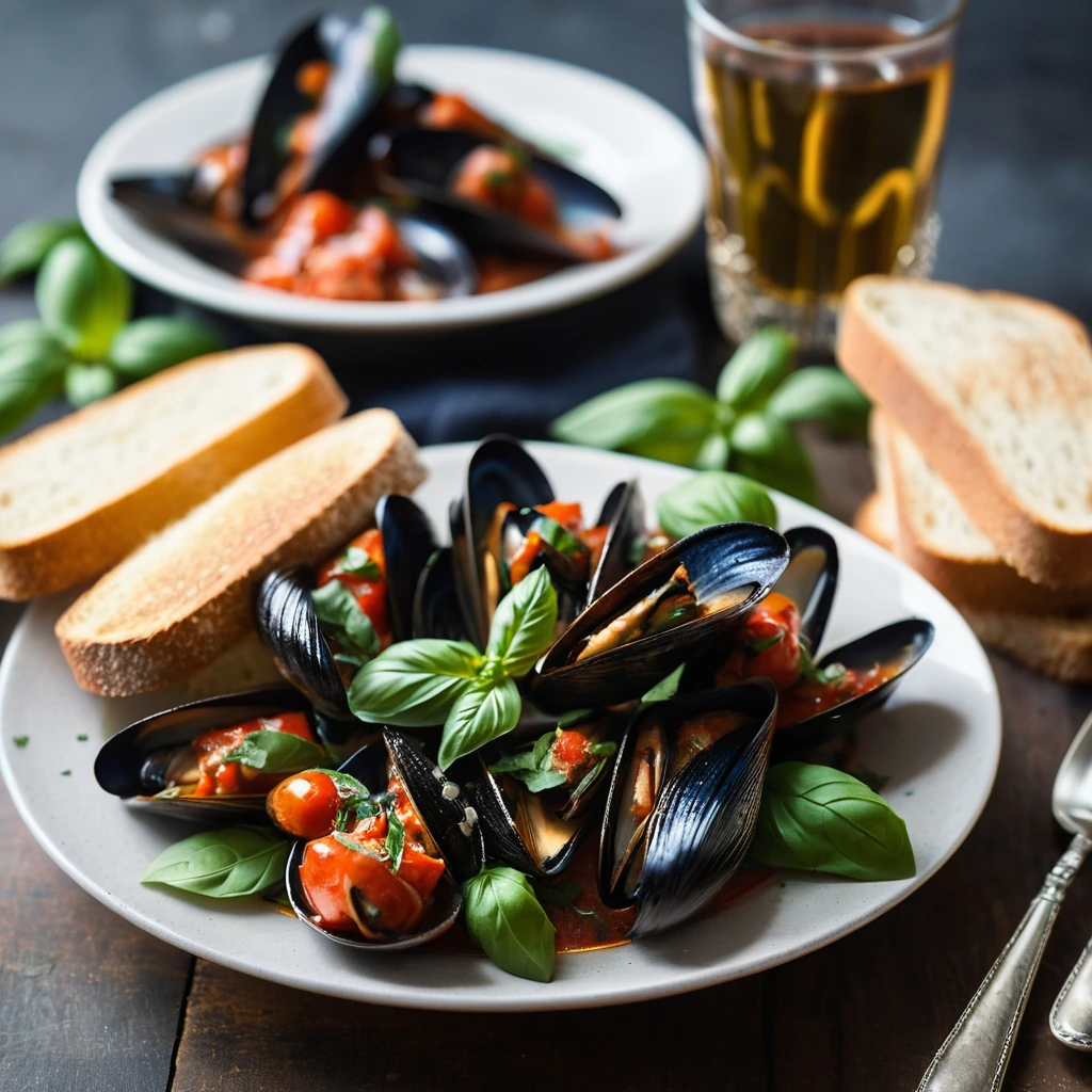 Steaming bowl of mussels in a red sauce with fresh basil leaves, served with golden garlic toast.