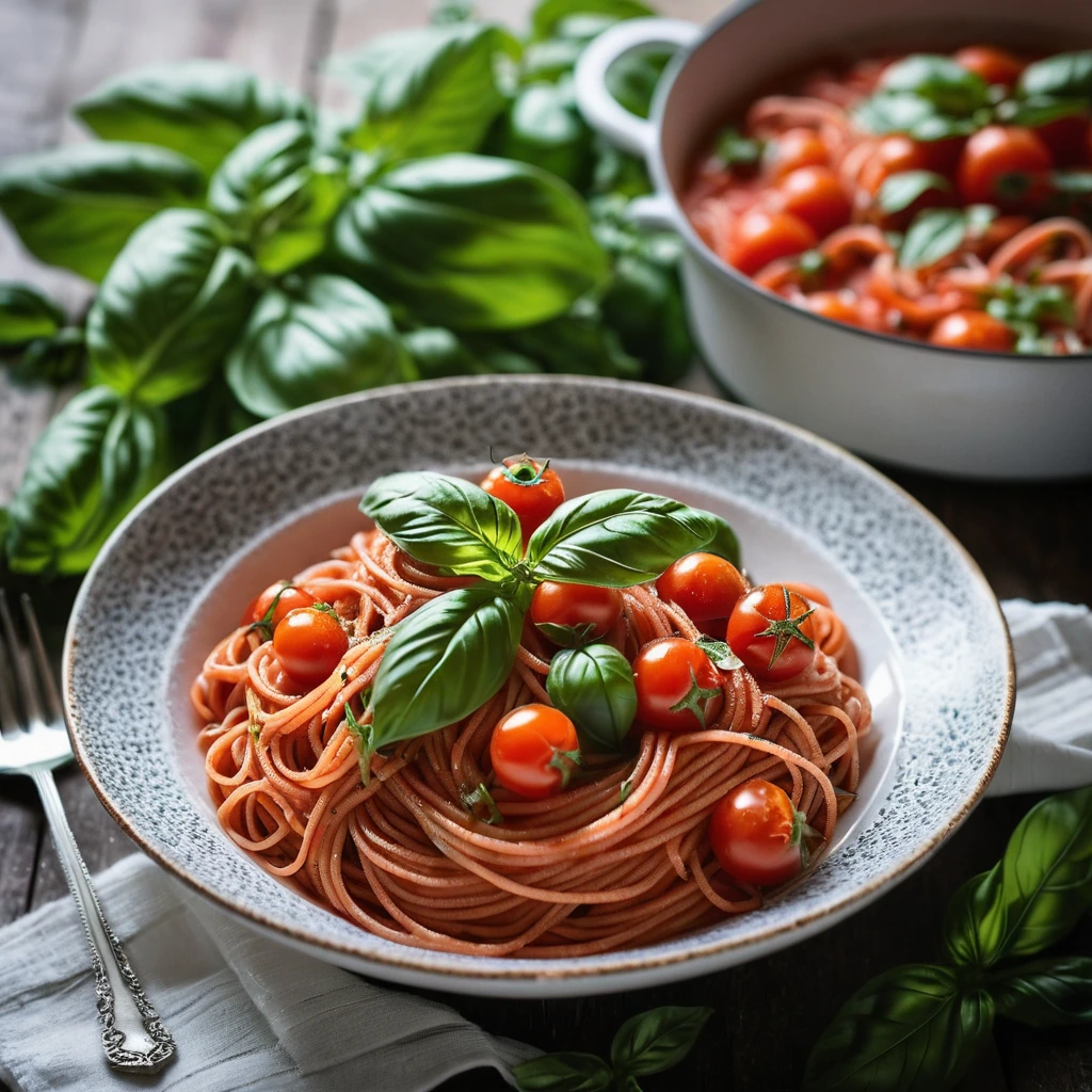 One-pot spaghetti in a vibrant red tomato sauce, garnished with green basil leaves, served in a rustic bowl.