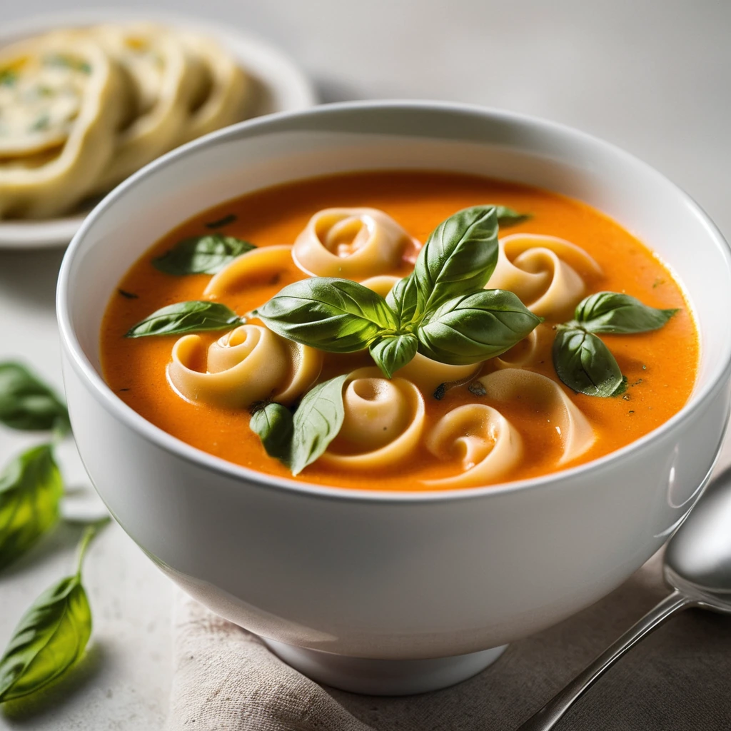 A steamy bowl of golden soup with green basil leaves and cheese sprinkled on top