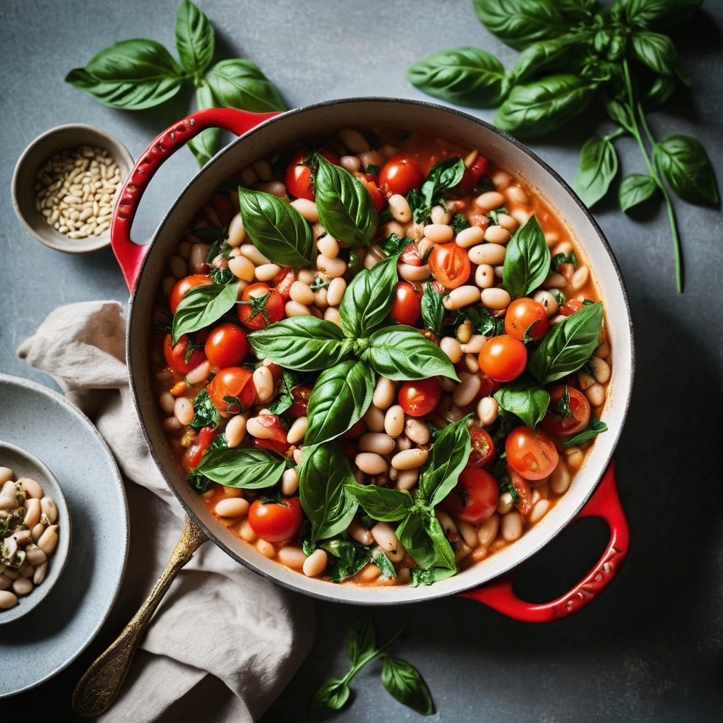 Rustic skillet filled with a chunky tomato and white bean stew, vibrant green basil leaves scattered on top.