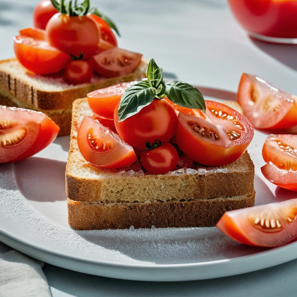 Golden toasted bread slices topped with vibrant red tomato slices and a scoop of icy slush.