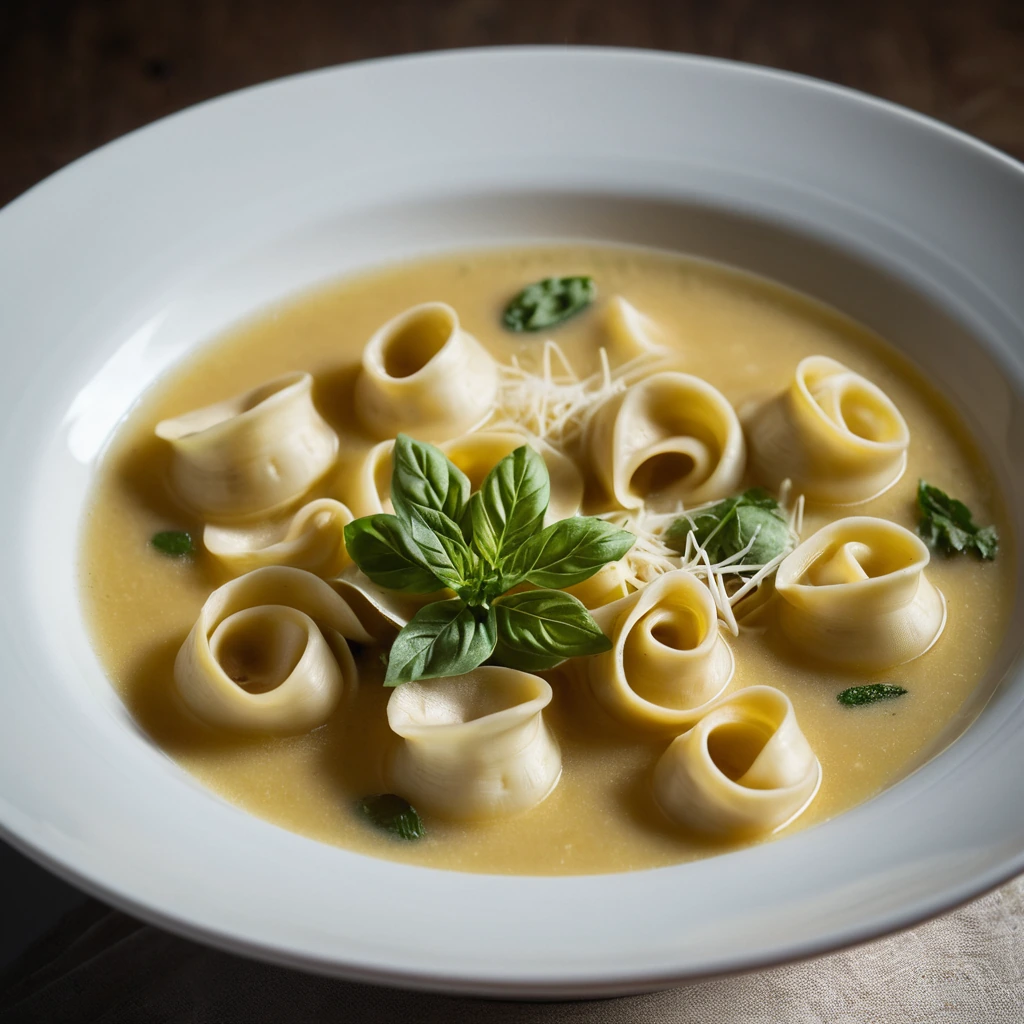 Bowl of golden broth with floating cheese tortellini, garnished with fresh parsley and Parmesan shavings.