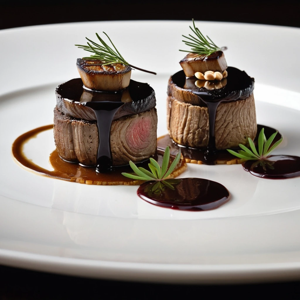 Two filet mignon steaks topped with golden foie gras on a plate with a drizzle of dark sauce.