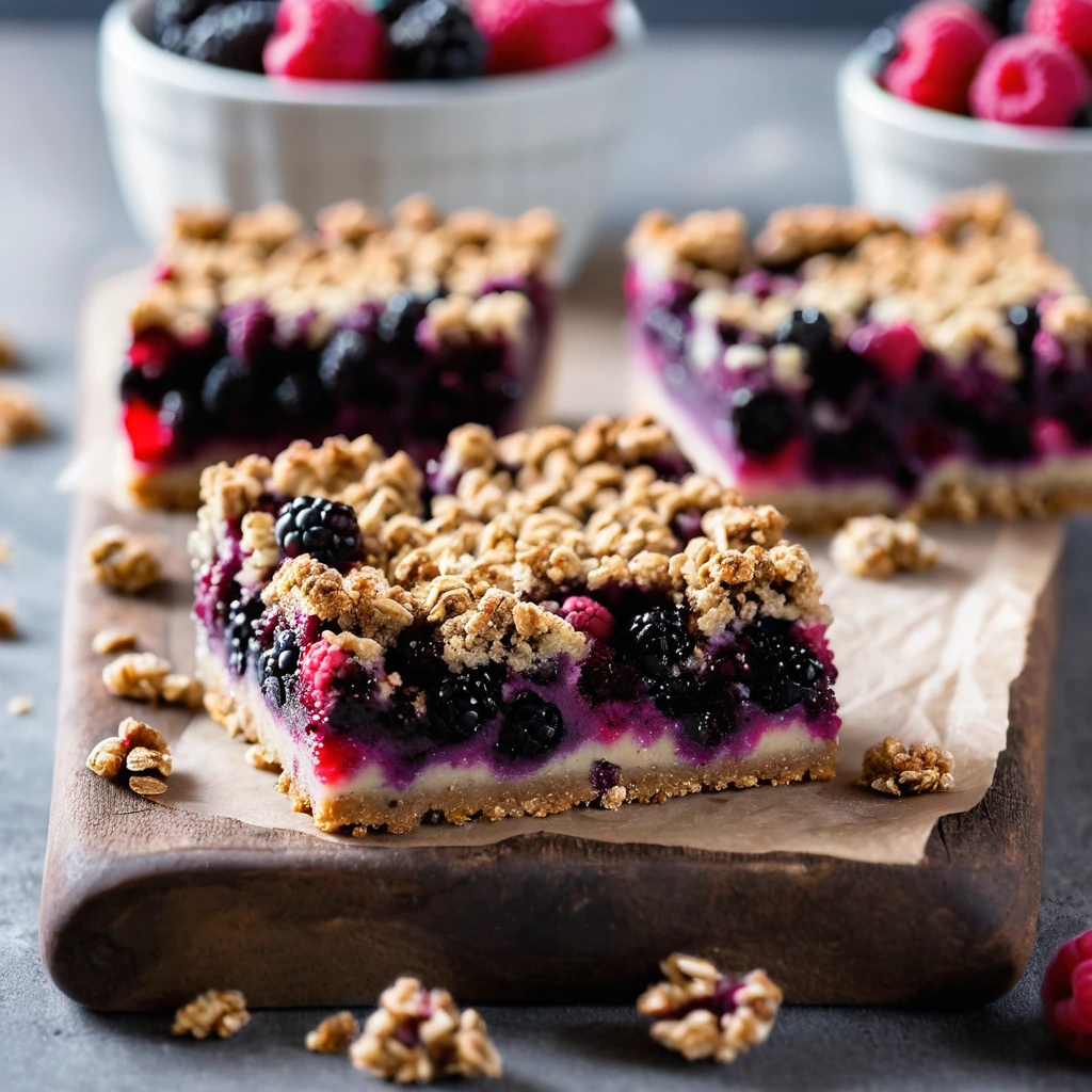 Rectangular bars with a vibrant berry filling and a golden crumbly oat topping, arranged on a rustic wooden board.