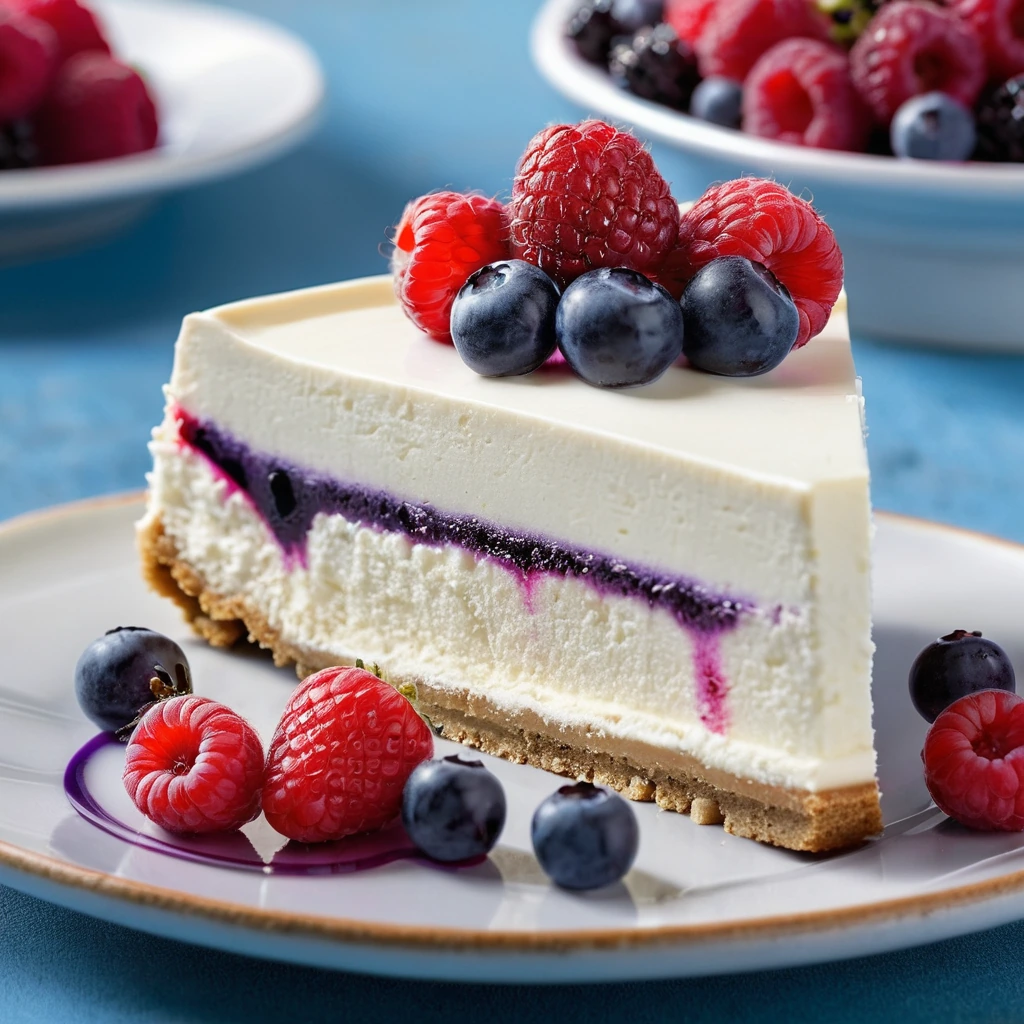 Slice of creamy white cheesecake adorned with vibrant red, blue, and purple berries on a dessert plate.