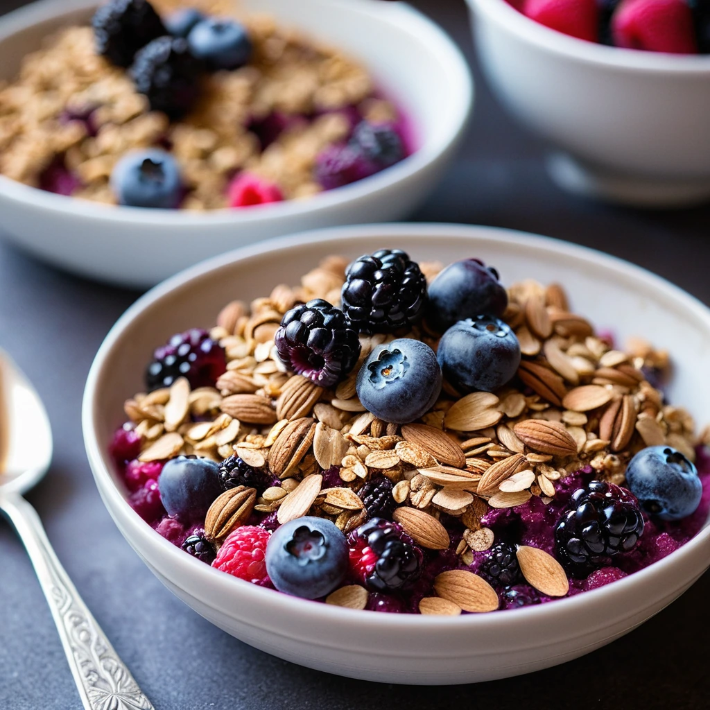 A warm, golden brown crisp in a ceramic dish with a topping of almonds and oats, and a vibrant purple berry filling.