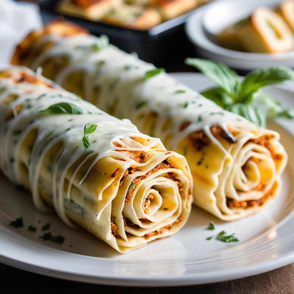 Golden-brown lasagna roll-ups dusted with cheese, arranged on a serving platter.