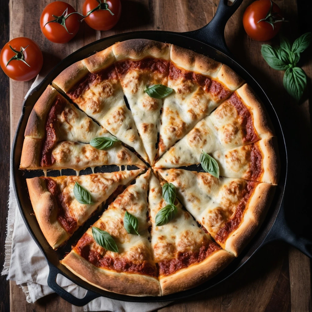 A round skillet pizza with a golden, bubbly crust stuffed with melted cheeses, topped with marinara sauce and pepperoni.