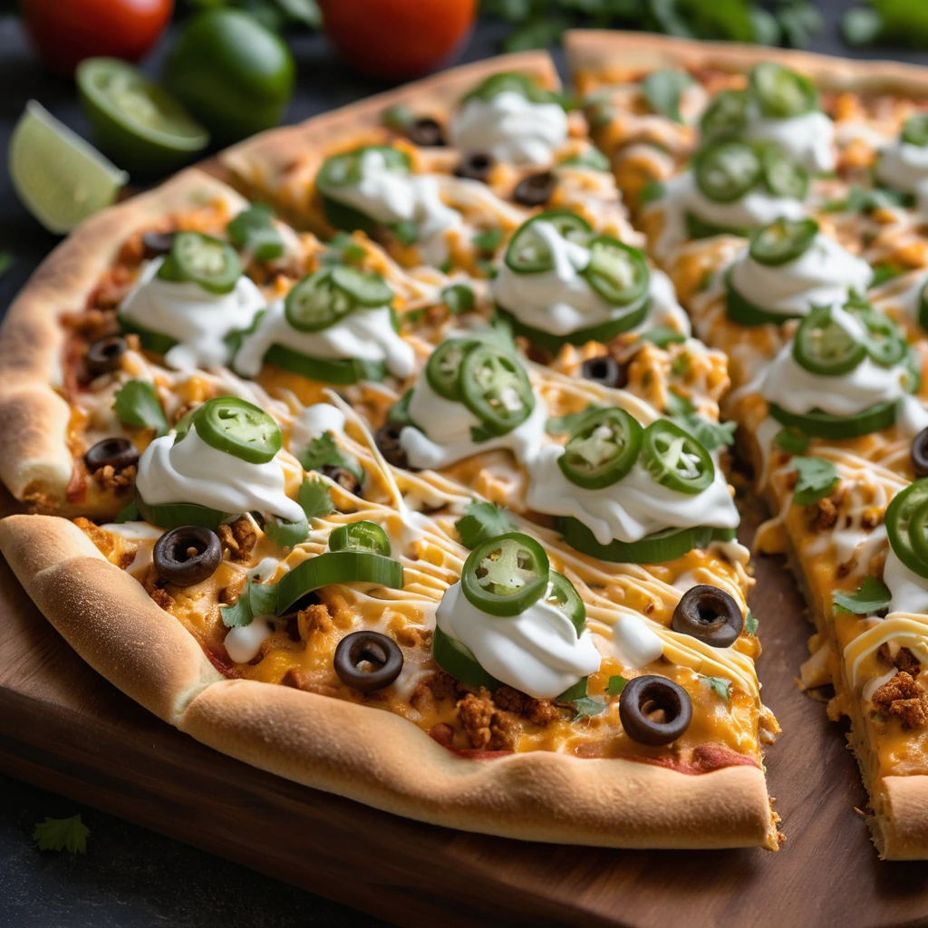 Golden pizza topped with melted cheeses and taco seasoning, garnished with fresh cilantro on a wooden board.