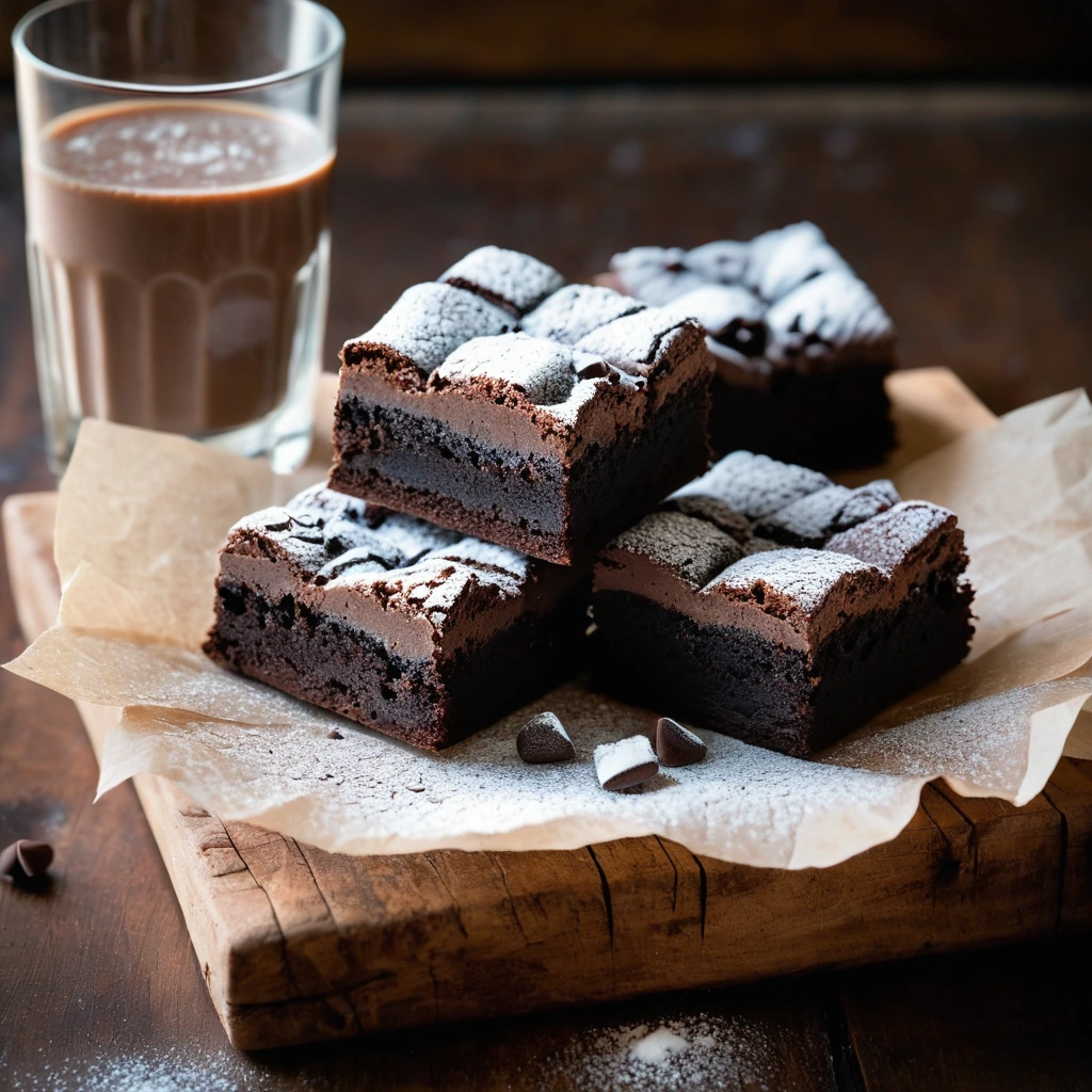 A square of dark, glossy brownie with a sprinkle of powdered sugar on a rustic plate.