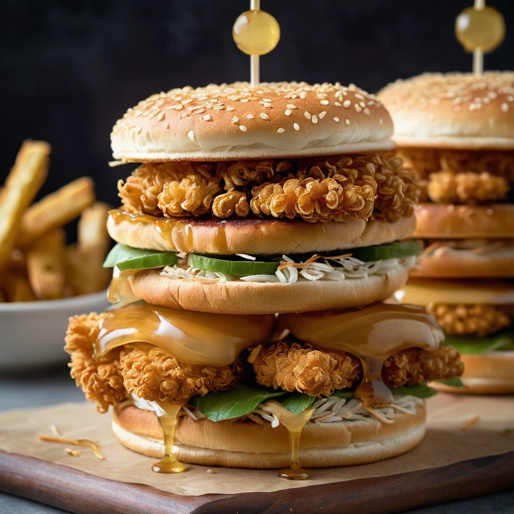 Stacked chicken sandwiches with golden crispy coating and drizzled hot honey, served on toasted sesame seed buns