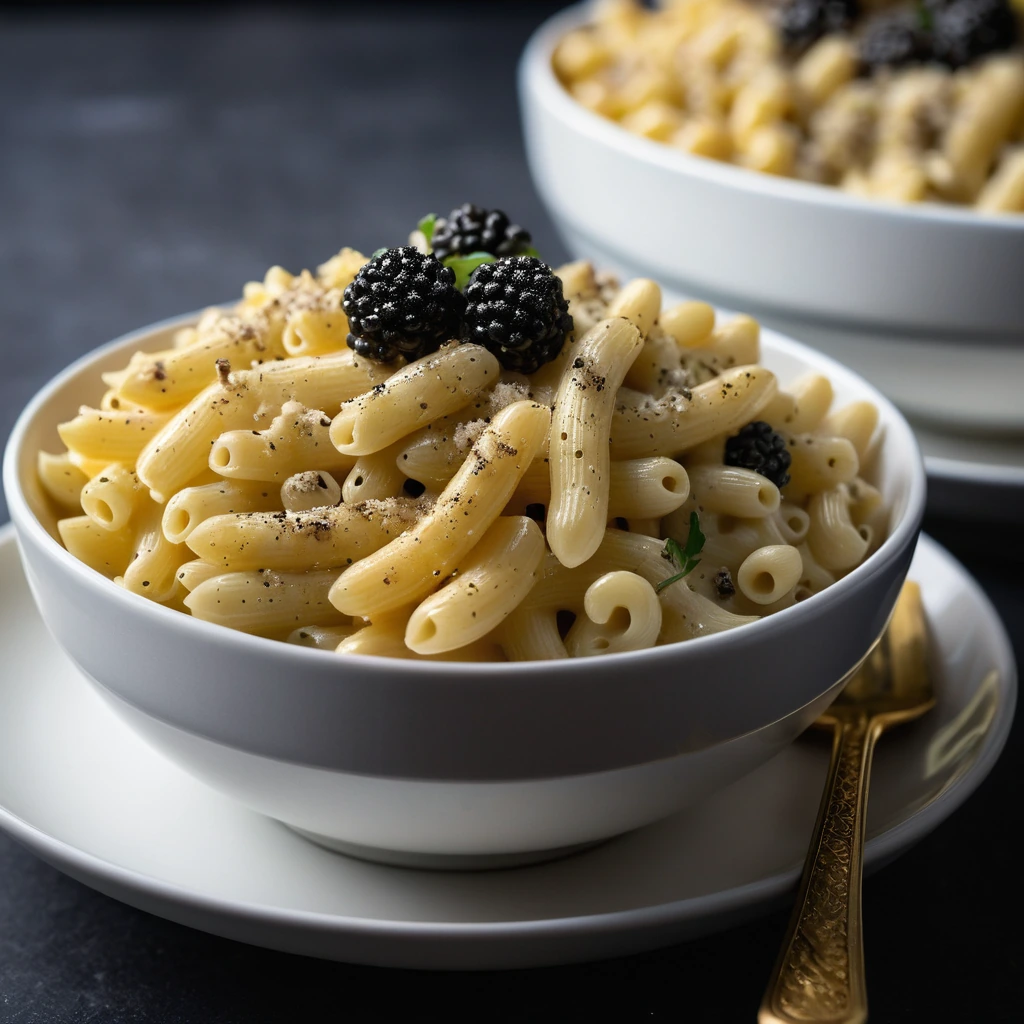 golden pasta in a rich, creamy sauce with dark flecks of truffle, served in a shallow bowl