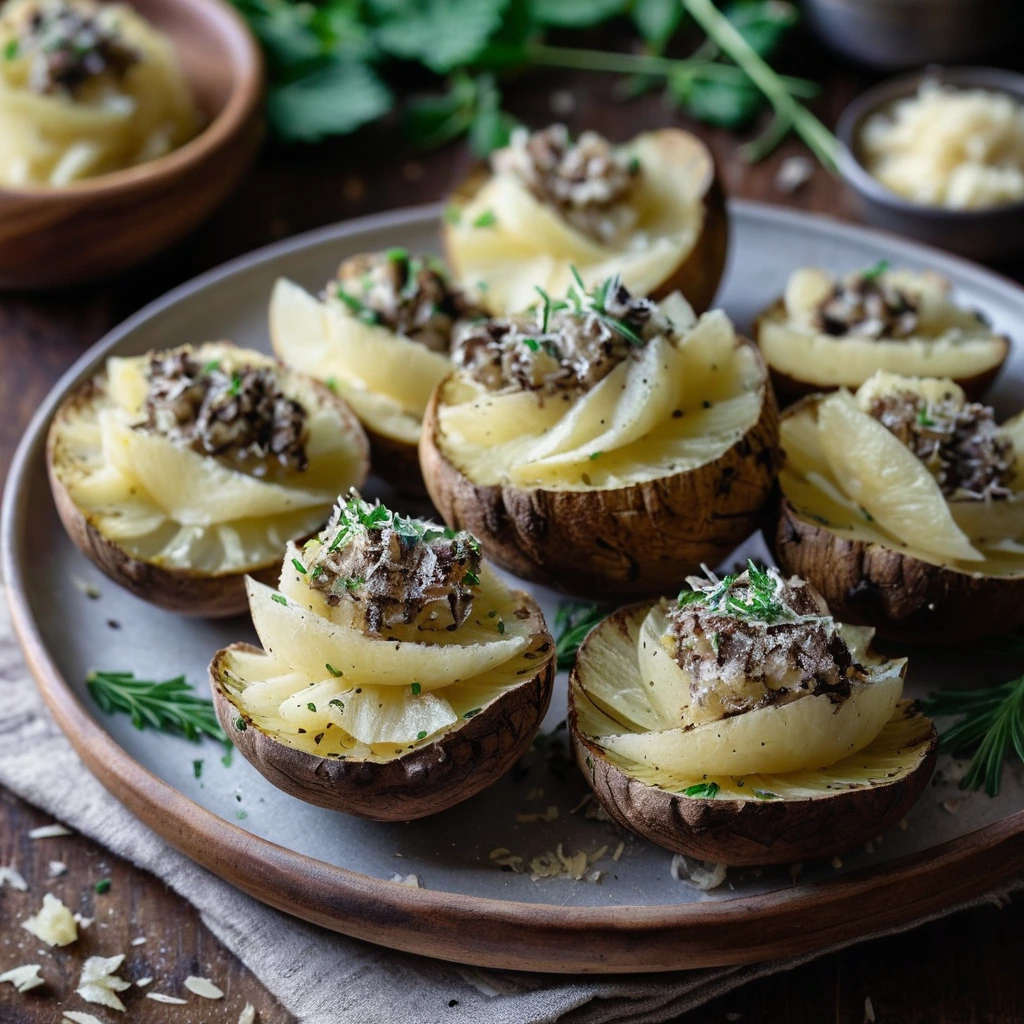 golden smashed potatoes with dark specks of truffle, sprinkled with grated parmesan, arranged on a rustic wooden board