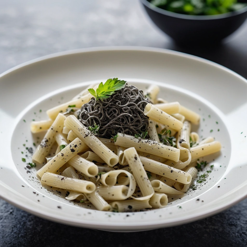 Creamy white pasta with black truffle specks served in a shallow bowl, garnished with fresh parsley.
