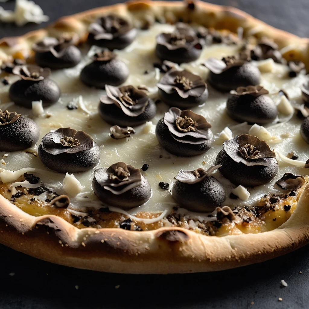 golden-brown pizza crust topped with melted mozzarella, parmesan, and dark truffle shavings arranged artfully.