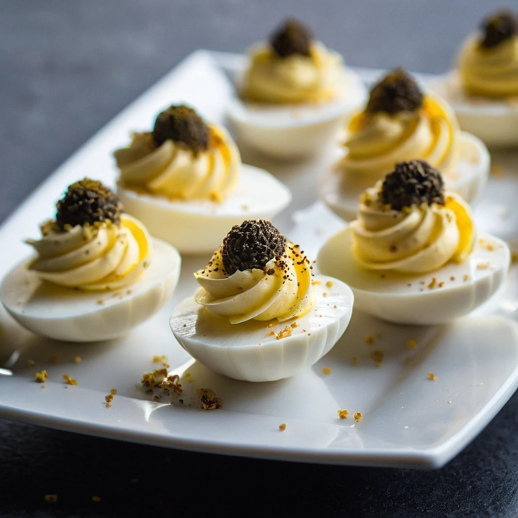 A platter of deviled eggs with golden yolks and a sprinkle of black truffle on top.