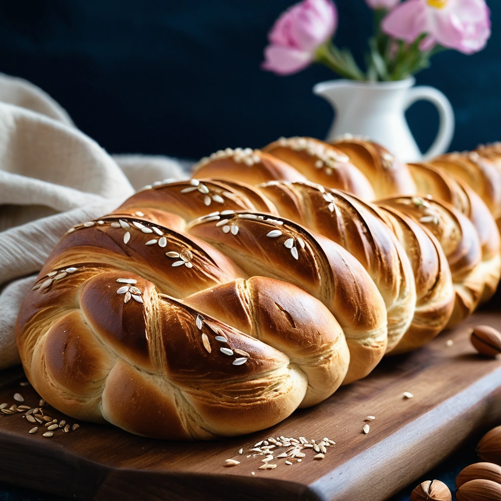 Golden braided bread with a mahlab aroma, dusted with sesame seeds on a wooden board.