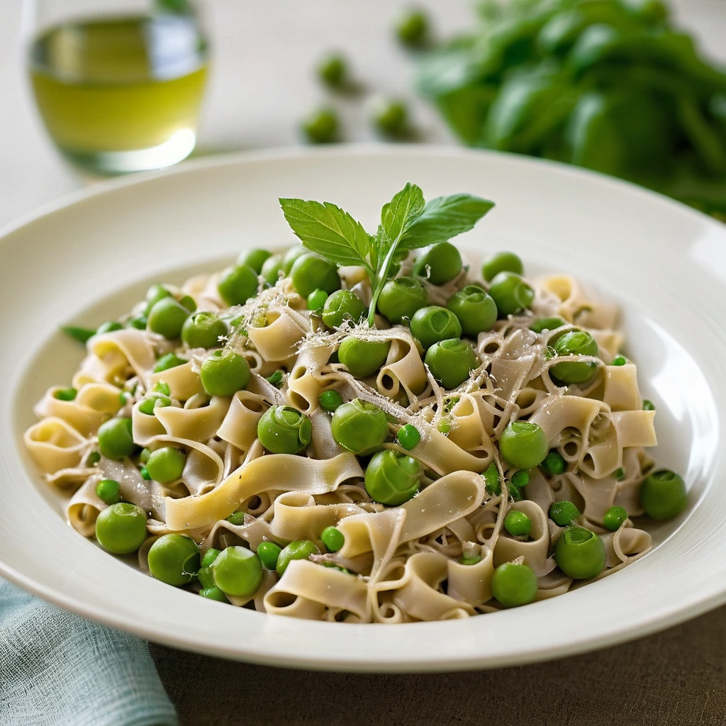 Golden bubbly casserole dish with layers of pasta, green peas, and melted cheese, garnished with parsley.