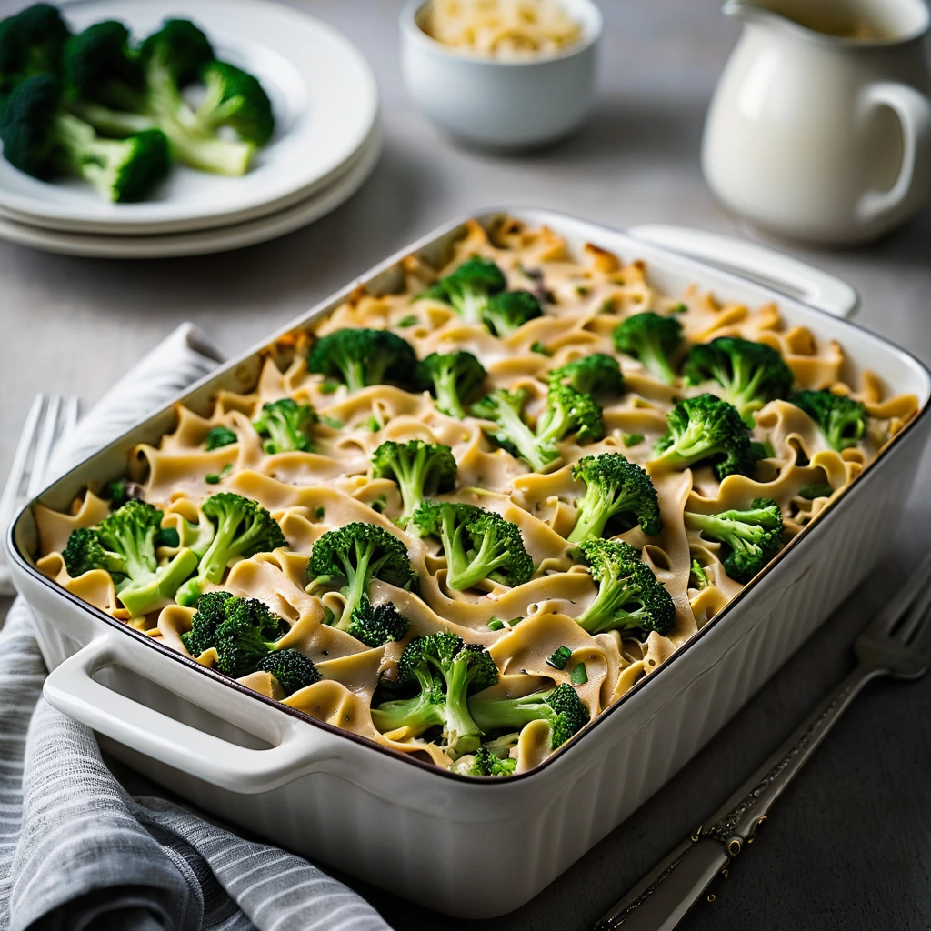 Golden casserole in a baking dish topped with melted cheese and green broccoli florets.