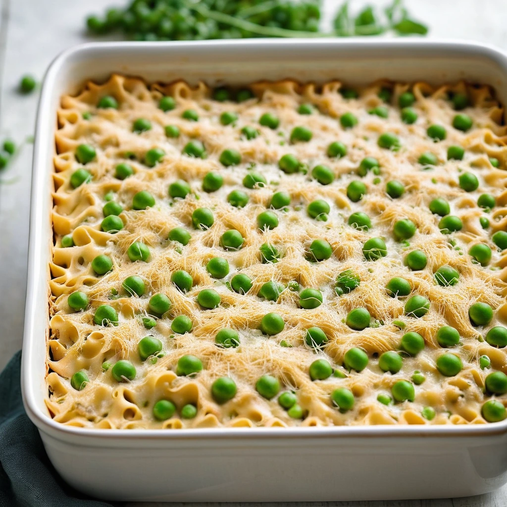 Golden bubbly casserole in a baking dish with green peas peeking through and a sprinkle of melted cheddar on top.