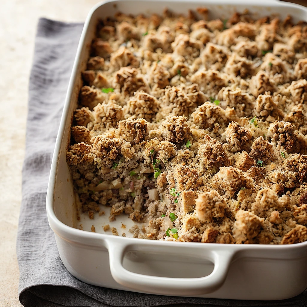 Baked casserole with layers of turkey and stuffing topped with golden brown crispy breadcrumbs in a rectangular baking dish.