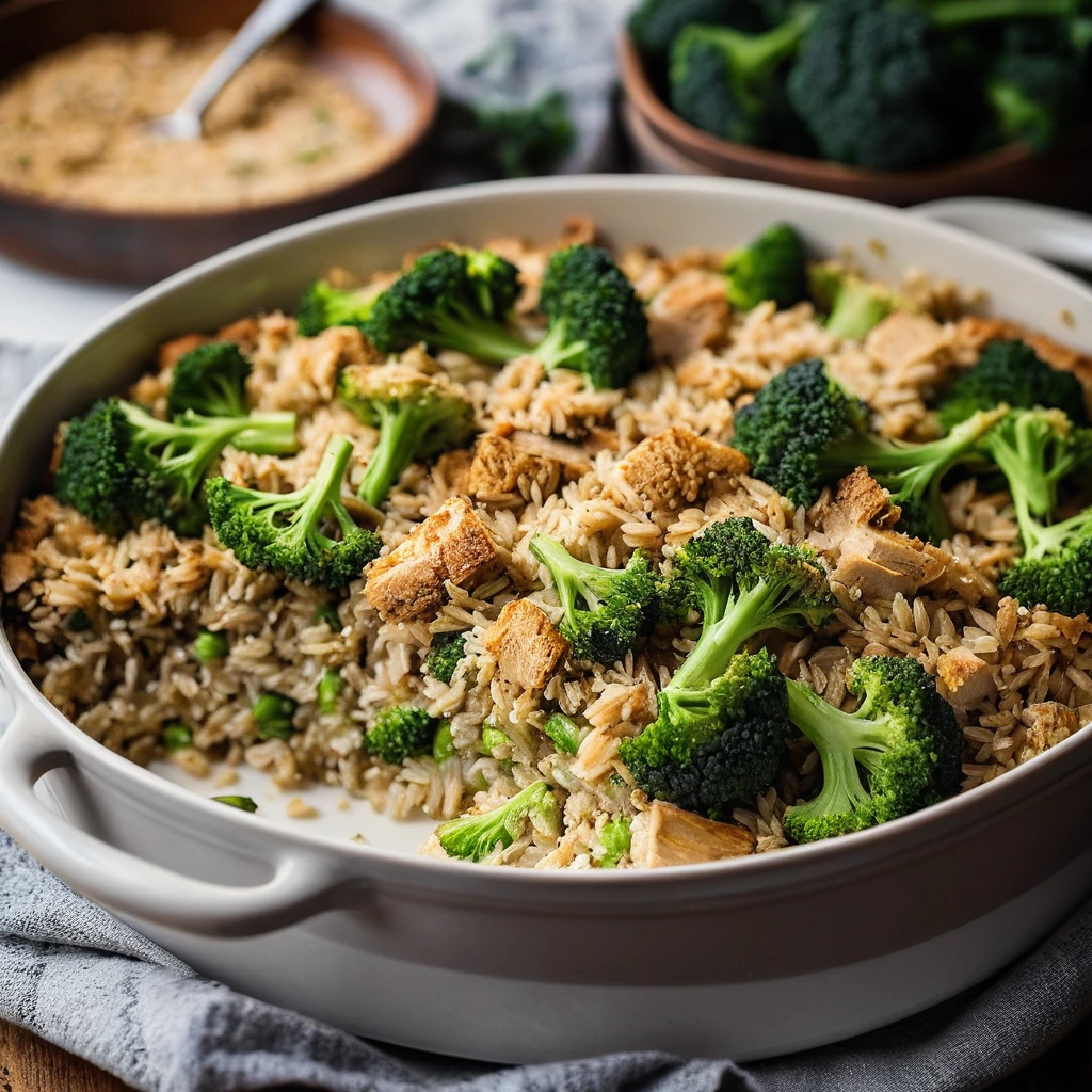 golden-brown casserole with crispy top, broccoli florets, and fluffy rice peeking through
