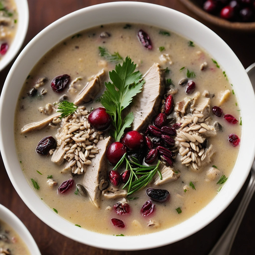 Steamy bowl of golden soup with chunks of turkey, red cranberries, and wild rice, garnished with fresh parsley.