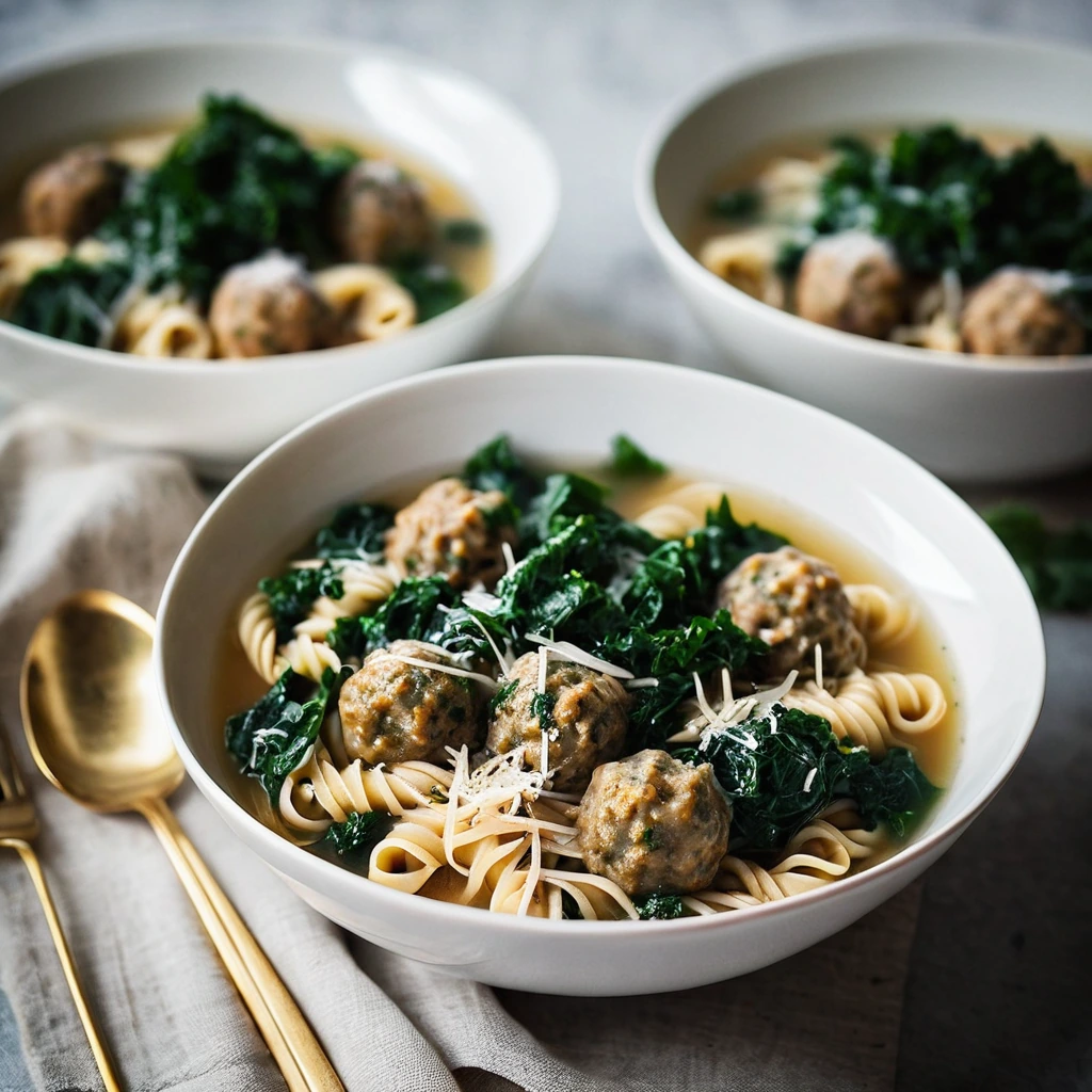 Bowl of soup with turkey meatballs, green kale, and pasta in a golden broth topped with grated Parmesan