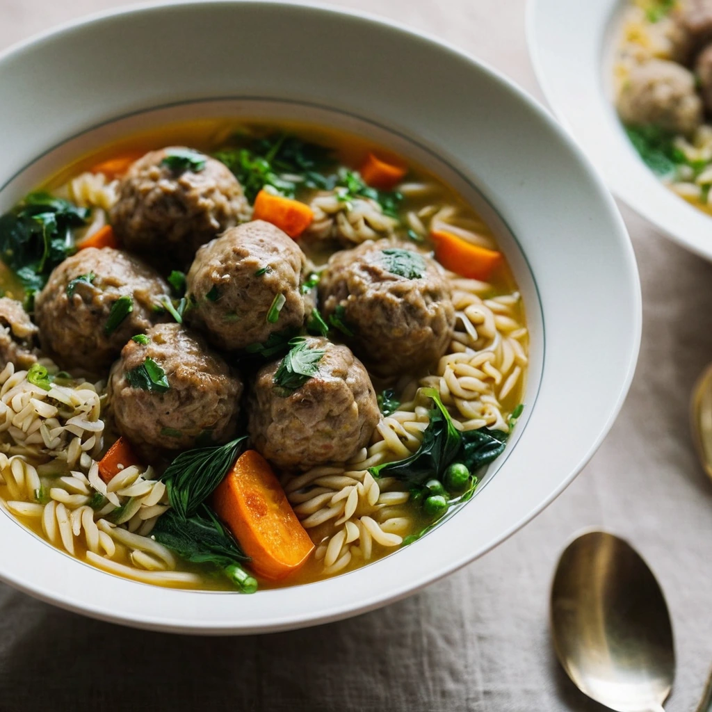 Steaming bowl of golden orzo pasta, juicy turkey meatballs, and assorted vegetables in a rich, amber broth.