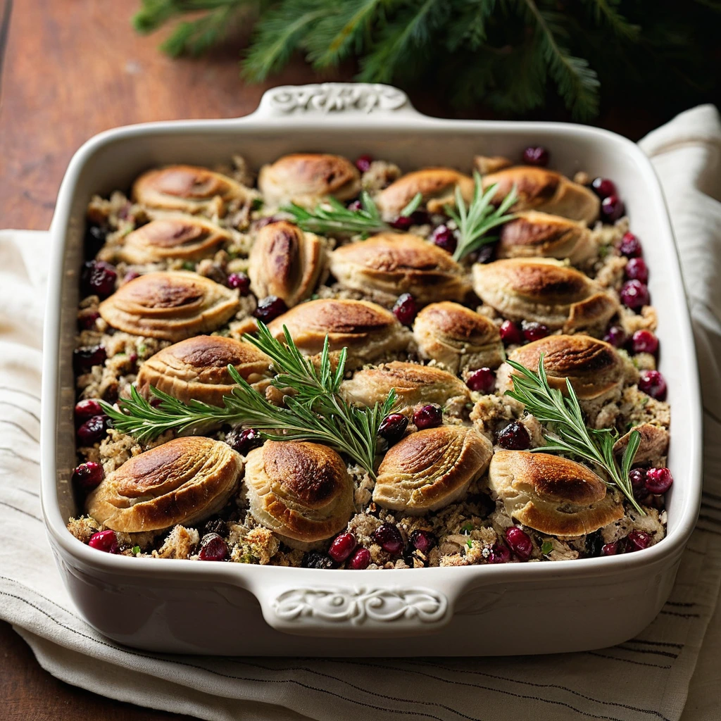 golden-brown casserole in a baking dish with a crispy top layer and flecks of green herbs
