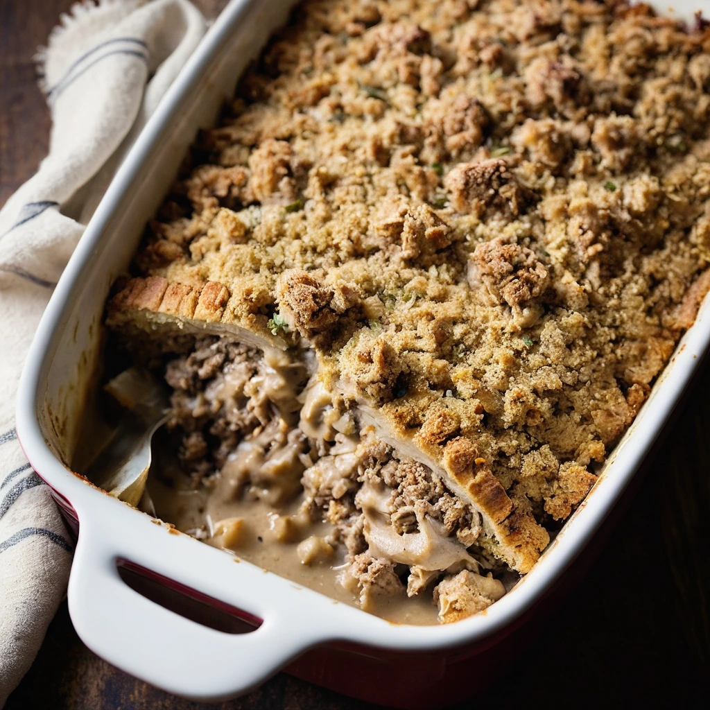 A bubbling casserole dish with layers of turkey, stuffing, and gravy topped with melted cheese and breadcrumbs.