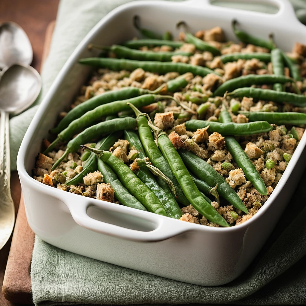 Baked casserole in a rectangular dish, golden-brown top with green beans peeking through.