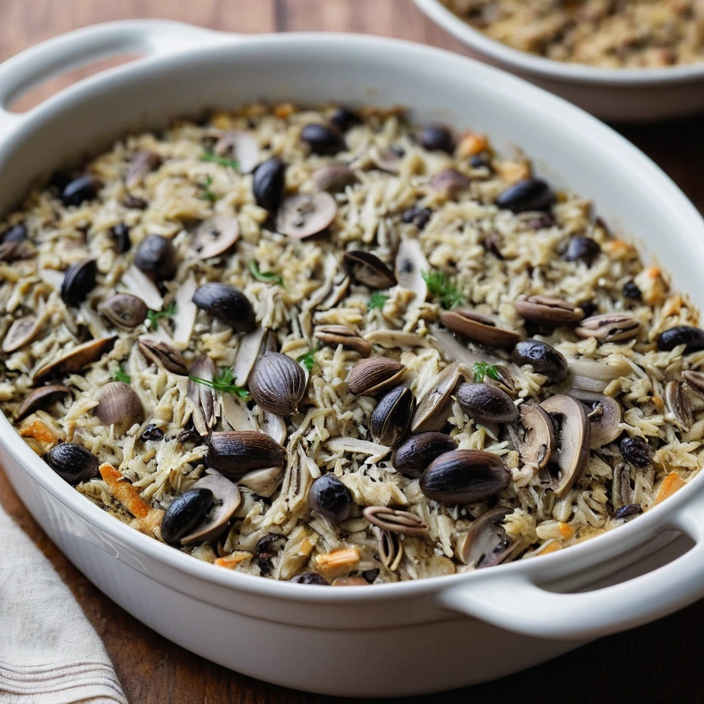 Golden casserole dish filled with a rich, brown mixture of turkey, wild rice, and mushrooms topped with melted cheese.