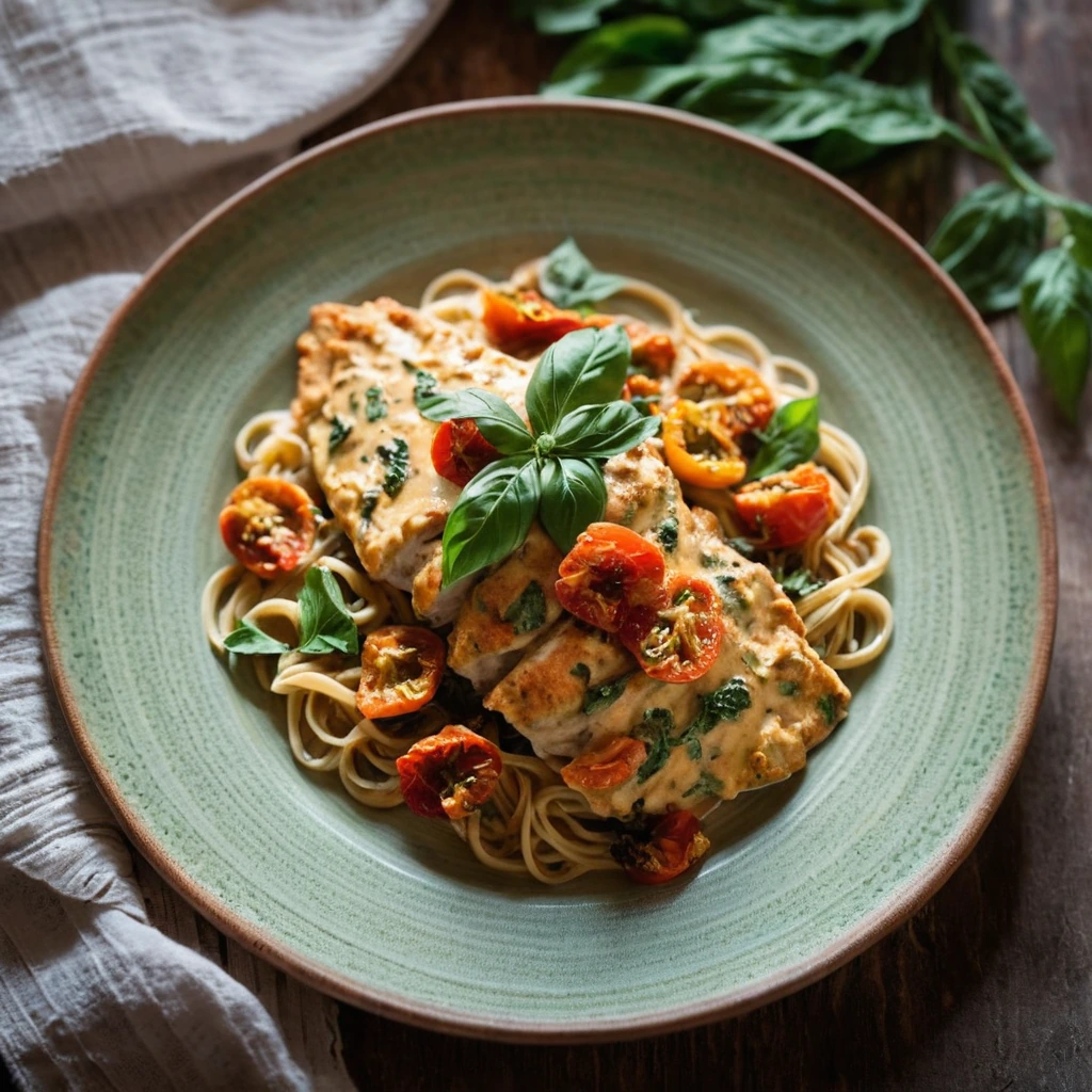 Golden chicken breasts smothered in a vibrant orange and green creamy sauce, served on a rustic plate.